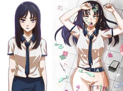 2koma ahegao before_and_after broken_rape_victim condom condom_belt condom_in_mouth cum_in_mouth cum_in_pussy cum_on_face edit instant_loss_2koma manhwa needle rape school_uniform sex split_screen used_condom