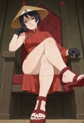 1girls 2026 adoptable-ai ai ai_generated bare_legs boruto:_naruto_next_generations chinese_dress dangling_legs foot_fetish foot_focus gloves hat kurotsuchi looking_down naruto_(series) sandals smug strappy_heels thighs toe_ring toenail_polish toes