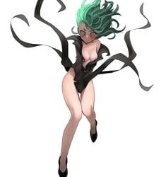 1girls areolae bare_shoulders blush breasts covering covering_crotch dress edit embarrassed exposed_breasts female female_only green_eyes green_hair heavy_blush high_heels highres jourd4n legs medium_hair miclefirst nipples no_bra one-punch_man shoes small_breasts small_pupils solo source_request tagme tatsumaki third-party_edit white_background