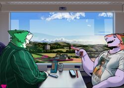 anthro avie aviesergal beverage building chain_necklace clothing cloud collared_shirt countryside detailed_background dress_shirt ear_piercing facial_hair facial_piercing furniture gesture hand_gesture hi_res house jewelry landscape laura_palmer lock male male/male necklace nose_piercing open_mouth overweight overweight_male piercing plant pointing septum_piercing sergal shirt sky smile solo t-shirt table tight_clothing tight_shirt tight_topwear topwear train tree vehicle window