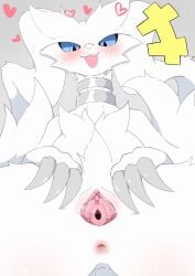 anus blue_eyes blush dragon female fur generation_5_pokemon genitals heart_symbol hi_res legendary_pokemon mythological_creature mythological_scalie mythology nintendo nude pokemon pokemon_(species) reshiram satoumizu672 scalie smile solo spread_vulva spreading thick_thighs vulva white_body white_fur