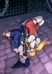 2girls armbinder arms_behind_back bondage bondlicitous bound bound_arms bound_legs cleavage dress female female_only femsub fully_clothed gag gagged harness_gag high_heels nami_(one_piece) nico_robin