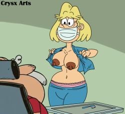 1boy 1boy1girl 1girls areolae blonde_female blonde_hair breasts crysx_arts earrings facemask female female_focus flashing flashing_breasts flip indoors light-skinned_female light_skin male milf nickelodeon nicktoons nipples old_male rita_loud the_loud_house toothbrush topless topless_female