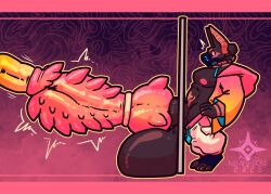 accessory ambiguous_species anthro anubian_jackal balls big_balls big_penis blue_markings blush blush_lines bottomwear bottomwear_down bracelet_(marking) canid canine canis claws clothed clothing cock_ring cross_section disembodied_penis duo emanata facial_markings genitals glory_hole gradient_jacket hands_on_hips head_markings huge_balls huge_cock hung hung_bottom hyper hyper_balls hyper_genitalia hyper_penis jackal jacket jewelry knot knotted_penis kokoro-doll looking_aside male male/male mammal markings narrowed_eyebrows nipples open_mouth pants pants_down partially_clothed pattern_background penetration penile penile_penetration penis penis_accessory penis_in_penis penis_jewelry pink_clothing pink_jacket pink_nipples pink_topwear pubic_tattoo sex simple_background spiked_penis spikes spikes_(anatomy) tattoo toe_claws topwear urethral urethral_penetration yellow_penis