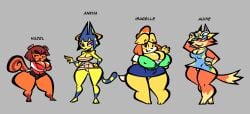 animal_crossing ankha anthro audie_(animal_crossing) blue_eyes blue_hair breasts brown_hair cameltoe canine egyptian feline female hand_on_hip hazel_(animal_crossing) huge_breasts isabelle_(animal_crossing) lipstick nintendo nipple_bulge purple_eyes sabs squirrel thick_thighs video_games wide_hips wolf