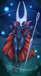 2d belly belly_button black_eyes blue_nipples blue_pussy breasts bug_girl cape colored_nipples colored_skin crossed_legs dark_skin fanart female female_only grass hollow_eyes hollow_knight hollow_knight:_silksong hornet_(hollow_knight) horns monster_girl needle nipples nixonison pear-shaped_figure pussy red_cape small_breasts solo spikes string tagme