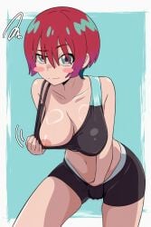 absurdres amate_yuzuriha aqua_background aqua_eyes bike_shorts black_sports_bra blush_stickers border bra bra_pull breasts cleavage closed_mouth clothes_pull collarbone covered_nipples cowboy_shot emphasis_lines female female_masturbation gundam gundam_gquuuuuux hair_between_eyes hand_in_underwear highres leaning_forward looking_at_viewer masturbation midriff navel nipples raised_eyebrow red_hair ring_light_reflection short_hair shorts solo sports_bra sportswear standing_masturbation stomach swirl takaiwaeitoku thighs underwear white_border