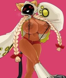 1girls arc_system_works big_areola big_breasts big_nipples blazblue blush blush_lines breasts breasts_bigger_than_head cat_ears catgirl clothing dark-skinned_female dark_skin fecharis feline female furry hoodie huge_areolae huge_breasts huge_nipples kaka_(blazblue) mask masked masked_female mdthetest nipples red_eyes sharp_teeth skimpy solo solo_female suspenders suspenders_on_breasts tail taokaka