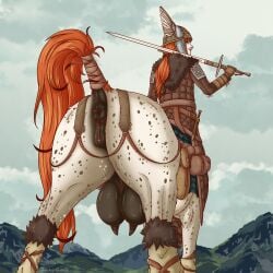 1:1 2026 absurd_res animal_genitalia animal_vulva armor celtic centaur clitoris equid equid_taur equine_genitalia equine_pussy european_mythology female genitals greek_mythology headgear helmet hi_res humanoid_taur looking_at_viewer looking_back mammal mammal_taur melee_weapon mountain mythology presenting raised_tail solo sword tail taur teats udders vulva weapon zuckergelee