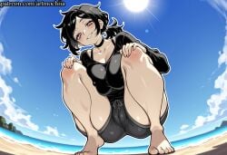 ai_generated artmochiia ashley_graves bare_legs barefoot beach big_breasts black_choker black_hair black_shirt black_shorts blue_sky blush breasts choker cloud collarbone curvaceous curvaceous_female curvaceous_figure curvy curvy_figure day dutch_angle fanart female female_focus from_below full_body grin hands_on_own_knees large_breasts long_sleeves looking_at_viewer nipples ocean outdoors ponytail sand shirt short_shorts shorts skindentation sky smile solo squatting sun sweat the_coffin_of_andy_and_leyley toes uncensored voluptuous voluptuous_female