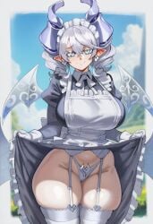 1girls :) ai_generated blush breasts cute demon demon_girl demon_horns duel_monster female female_only focus hi_res huge_breasts konami labrynth_of_the_silver_castle large_breasts lingerie lovely_labrynth_of_the_silver_castle maid maid_headdress maid_uniform panties pointy_ears queen silver_eyes skirt skirt_lift smile thick_thighs thighs thong twintails underwear voluptuous white_hair white_thong younger_female yu-gi-oh!