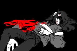 1other animated blood blood_from_mouth blood_on_ground computer deltarune dismemberment epochnexus fourth_wall greyscale guro kris_(deltarune) long_sleeves looking_at_viewer lying meta monochrome on_back on_ground red_eyes severed_limb striped_clothes striped_sweater sweater tears utdr_(toby_fox) video_game