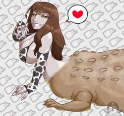 big_breasts brown_hair cow_bikini crocodile_girl female fliren huge_breasts long_nails sharp_teeth