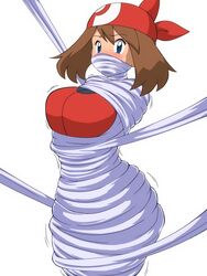 1girls alternate_breast_size bandana blue_eyes bondage breath brown_hair eyebrows_visible_through_hair gag gagged large_breasts long_hair looking_at_viewer may_(pokemon) okra_sticky pokemon pokemon_rse red_bandana restrained simple_background solo spider_web sweatdrop web_bondage white_background