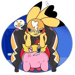 angry angry_face big_breasts blue_eyes breasts brown_eyes cosplay_pikachu female kirbot12 kirby kirby_(series) looking_at_viewer male nintendo nintendo_switch pikachu pikachu_libre pink_body pink_skin pokémon_(species) pokemon red_feet super_smash_bros. super_smash_bros._ultimate taunting yellow_body yellow_skin