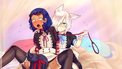 blue_hair brawlhalla cat_ears collar cunnilingus dress_lift femsub fishnets fully_clothed hattori_(brawlhalla) implied_cunnilingus implied_oral leash looking_at_viewer maid_uniform moaning queen_nai_(brawlhalla) submissive threesome yumiko_(brawlhalla) yuri