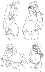 amniotic_fluid arms_above_head avery_(pokemon) belly belly_button big_belly blush contractions cuntboy femboy glasses intersex labor line_art long_hair male male_only male_pregnancy nintendo ohmyguts pain pokemon pokemon_ss pregnant pregnant_cuntboy ready_to_pop shorts smile stretching sweat sweater water_breaking