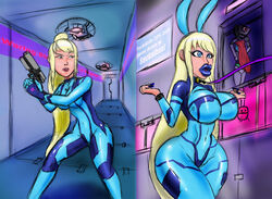 2d before_and_after bimbo blue-skinned_female blue_bodysuit blue_skin bradtanker3 breast_expansion bunny_ears bunnysuit female hyper_bimbo identity_death metroid mira_nova samus_aran tagme