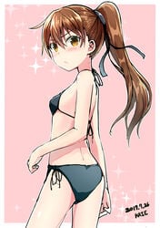 1girls 2017 angry_face ass bikini black_bikini brown_hair kaie looking_at_viewer ponytail yellow_eyes