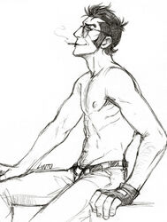 1boy black_and_white cigarette fingerless_gloves gloves lintufriikki male_focus male_only monochrome pants shirtless sideburns sketch smoking sniper sniper_(team_fortress_2) solo_male sunglasses tagme team_fortress_2