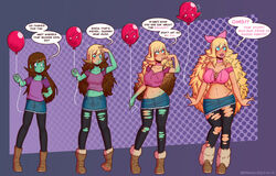 balloon bimbo bimbofication blonde_hair blue_eyes body_swap boots degoblinification english_text female fur_legwarmers goblin goblin_female green_skin hair_color_change hair_growth identity_death large_ass large_breasts leggings legwarmers lip_expansion long_hair navel panties skin_color_change skirt text thick_thighs transformation transformation_sequence wide_hips wrenzephyr2