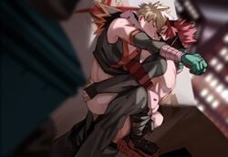 2boys anal anal_sex ass ass_grab blonde_hair carrying closed_eyes clothing donnaoneone eijirou_kirishima gay gloves hero_outfit_(mha) katsuki_bakugou legs_around_partner male male/male male_only male_penetrated male_penetrating male_penetrating_male my_hero_academia red_hair shoes stand_and_carry_position yaoi