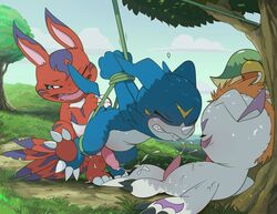 4boys anal anal_sex balls bondage closed_eyes crossover cum cum_in_ass cum_in_mouth cum_inside cum_on_body cumshot digimon elecmon furry gay gomamon male male/male male_only nintendo one_eye_closed open_mouth penis pokemon pokemon_(species) rape snivy teeth tongue tricksta veemon yaoi