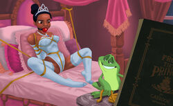 1girls angry_face arms_behind_back ball_gag bed bondage book dark-skinned_female dark_skin disney disney_princess frog frogtie gag gagged leotard prince_naveen princess red_ball_gag rope spread_legs the_princess_and_the_frog thighhighs tiana tiara