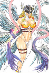 1girls 8_wings angel angel_wings angewomon asymmetrical_clothes blonde_hair cleavage clothed digimon ednardo_ferreira eyes_covered female helmet large_breasts lipstick long_hair skimpy smile solo thong unconvincing_armor wings