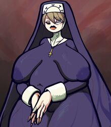 big_lips blonde_hair double_(skullgirls) large_breasts lips nipples nipples_visible_through_clothing nun royaloppai skullgirls thick_thighs wide_hips