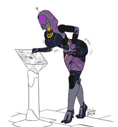 ass ass_expansion bent_over blooberboy bodysuit breast_expansion digitigrade female helmet hourglass_expansion large_breasts mass_effect purple_skin quarian tali'zorah_nar_rayya visor