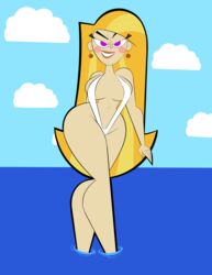 beach bedroom_eyes big_breasts blonde_hair cloud codykins123 female matchgirl sling_bikini smile solo water white_swimsuit wide_hips