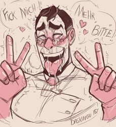 2015 ahe_gao black_hair blue_eyes blush bukkake clothed coat cum cum_on_face daskingu doctor_sex eyes_rolling_back fluids gay german_text glasses gloves male male_only medic medic_(team_fortress_2) messy_hair no_visible_genitalia peace_sign saliva simple_coloring snot solo solo_focus solo_male team_fortress_2 tears tie tongue tongue_out valve