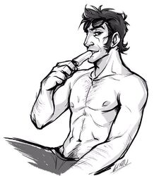 1boy black_and_white body_hair licking_popsicle lintufriikki male_focus male_only monochrome nipples popsicle sniper sniper_(team_fortress_2) solo sunglasses_on_head tagme team_fortress_2