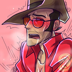 1boy ahe_gao ahegao aviator_sunglasses gay hat implied_sex looking_pleasured male male_focus male_only no_visible_genitalia shirt sniper sniper_(team_fortress_2) sogeki16 solo_focus team_fortress_2 valve