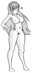 1girls asimetry black_and_white breasts d.va female hands_on_hips headset long_hair looking_at_viewer medium_hair naked nipples no_color nude one_eye_closed overwatch pussy sex vagina wink winking_at_viewer