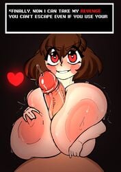 1boy 1girls 5_fingers big_breasts big_penis breasts brown_hair chara darky female female_chara frisk giant_breasts heart heart-shaped_pupils huge_breasts large_breasts male outercourse paizuri penis red_eyes smirk smug tagme text undertale vein veins veiny_penis