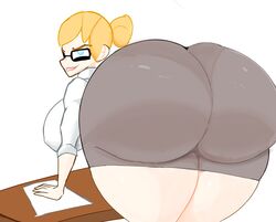 1girls about_to_fart adomo ass ass_in_dress atomboi_(artist) big_breasts breasts desk full_of_gas huge_ass looking_at_viewer mrs._laxeta_(atomboi) teacher thick_thighs