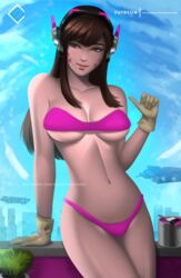 1girls bikini breasts brown_eyes brown_hair d.va evandromenezes female female_only gloves headset lipstick medium_hair outdoors outside overwatch solo tagme