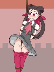 1girls arms_behind_back blush bondage bottomless bound bound_legs breast_bondage brown_hair cleave_gag cloth_gag crotch_rope embarrassed featureless_crotch gag gagged gym_leader long_hair nintendo panties pokemon pokemon_oras pokemon_rse red_eyes red_pants roxanne_(pokemon) roxanne_(pokemon_oras) skirt skirt_lift upskirt