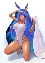 1girls animal_ears arm_up bangs bikini bracelet breasts clothed_female competition_swimsuit dark_skin edit fate/grand_order fate_(series) headband impossible_clothes kneeling large_breasts necklace nitocris_(fate/grand_order) nyanko_batake one-piece_swimsuit pink_eyes shiny shiny_clothes shiny_skin sidelocks simple_background skin_tight smile swimsuit third-party_edit very_long_hair when_you_see_it white_background