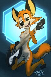 2021 anthro breasts canid canine casual_nudity crotch_tuft darma_(rock_dog) electric_guitar female fox full-length_portrait fur furry furry_only genitals guitar hi_res holding_guitar kneeling looking_at_viewer mammal musical_instrument nipples nude open_mouth open_smile orange_body orange_fur plucked_string_instrument portrait pussy rock_dog small_breasts smile solo string_instrument tail tuft tvma