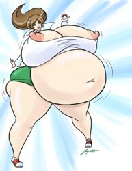 1girls aurea_juniper belly belly_expansion big_belly bloated_belly breasts brown_hair female jacques00 nintendo nipples pokemon pokemon_bw pokemon_professor solo