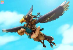 2boys anal anal_sex ass beak bird blonde_hair blue_eyes blue_fur breath_of_the_wild feathers femboy flying gay green_eyes hylian light_skin link male male/male male_only nintendo revali sky the_legend_of_zelda wings yaoi