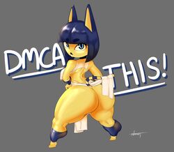 animal_crossing ankha anthro_cat back_view blue_eyes blue_hair cat cat_ears cat_tail english_text eyebrows_visible_through_hair feline full_color huge_ass nezulet nintendo presenting_hindquarters rags shortstack snaggle_tooth text thick_eyebrows thick_thighs wide_hips yellow_body