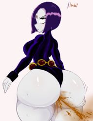 1girls adomo ass atomboi_(artist) breasts cartoon_network dc dc_comics fart fart_cloud farting hands_on_ass huge_ass pale_skin purple_hair rachel_roth raven_(dc) scat shart teen_titans thick_thighs