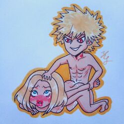 1boy 1girls bite_mark blonde_hair camie_utsushimi cum cum_dripping cum_inside doggy_style female from_behind_position katsuki_bakugou lazyanart male my_hero_academia on_all_fours sex straight taken_from_behind