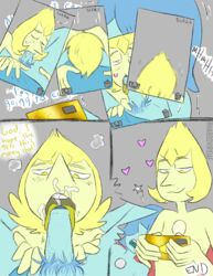 1futa 1girls blowjob blue_pearl_(steven_universe) cartoon_network cum cumshot cumshot_in_mouth dickgirl fellatio female foreskin futa_on_female futanari gynomorph intersex oral oral_sex partially_retracted_foreskin penis phone phone_screen pubes pubic_hair steven_universe uncut wolftacos yellow_pearl_(steven_universe)