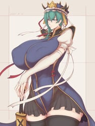 1girls alternate_breast_size black_legwear blue_eyes breasts clothed dress eiki_shiki elun_(meido) fingerless_gloves green_hair hair huge_breasts large_breasts nipple_bulge nipples solo stockings sword thick_thighs touhou