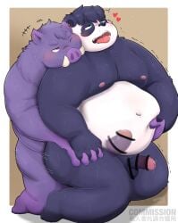 2022 96panda absurd_res anthro ass balls belly blush censored duo genitals giant_panda green_eyes hand_holding hi_res humanoid_genitalia humanoid_hands humanoid_penis kemono male male/male mammal mav_(deadly_kiten) moobs navel nipples overweight overweight_male penis purple_body sex suid suina sus_(pig) ursid white_body wild_boar